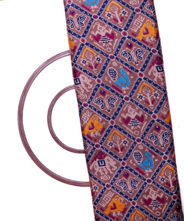 brown blue yellow patola print silk fabric